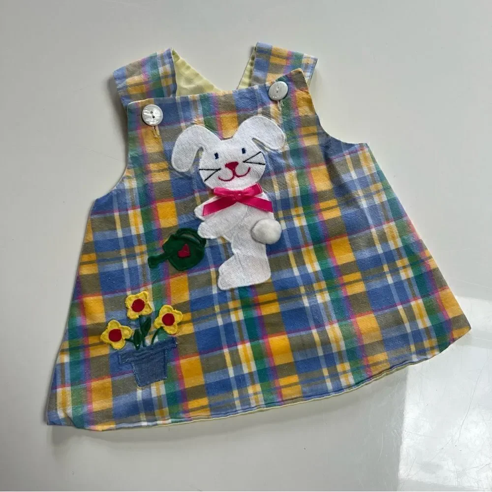 Vintage 1986 Bunny Embroidered Pastel Plaid Pinafore Overalls Cotton Apron Dress